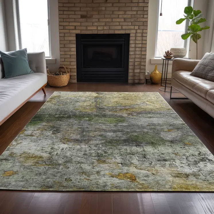 9' X 12' Olive Green Gold And Gray Abstract Washable Indoor Outdoor Area Rug