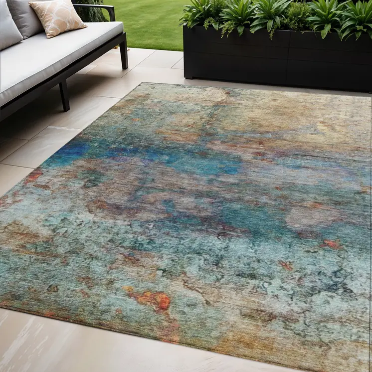 5' X 8' Teal Blue Orange And Beige Abstract Washable Indoor Outdoor Area Rug
