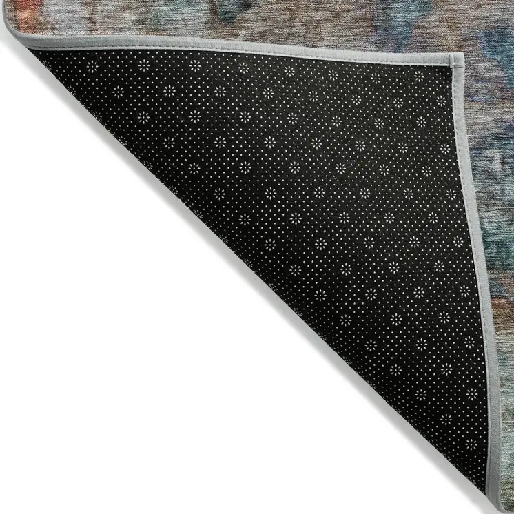 5' X 8' Teal Blue Orange And Beige Abstract Washable Indoor Outdoor Area Rug