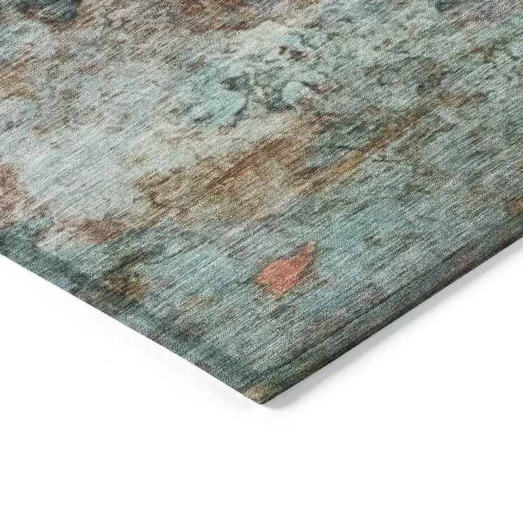 5' X 8' Teal Blue Orange And Beige Abstract Washable Indoor Outdoor Area Rug