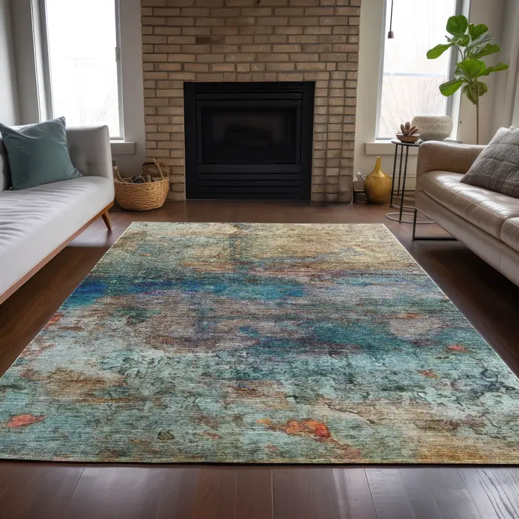 5' X 8' Teal Blue Orange And Beige Abstract Washable Indoor Outdoor Area Rug