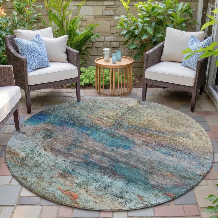8' Teal Blue Orange And Beige Round Abstract Washable Indoor Outdoor Area Rug