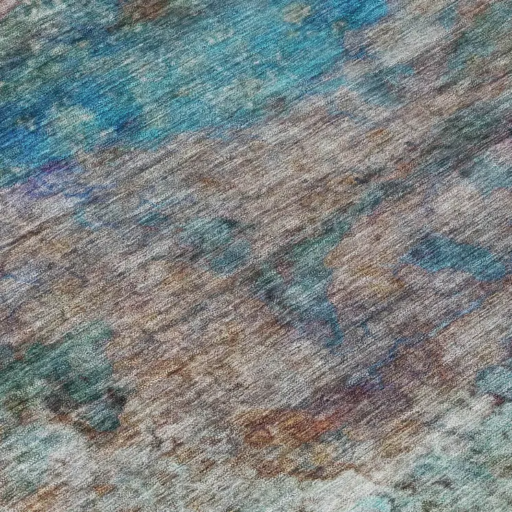8' Teal Blue Orange And Beige Round Abstract Washable Indoor Outdoor Area Rug