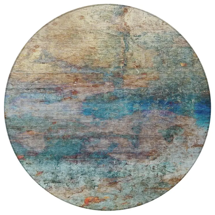 8' Teal Blue Orange And Beige Round Abstract Washable Indoor Outdoor Area Rug