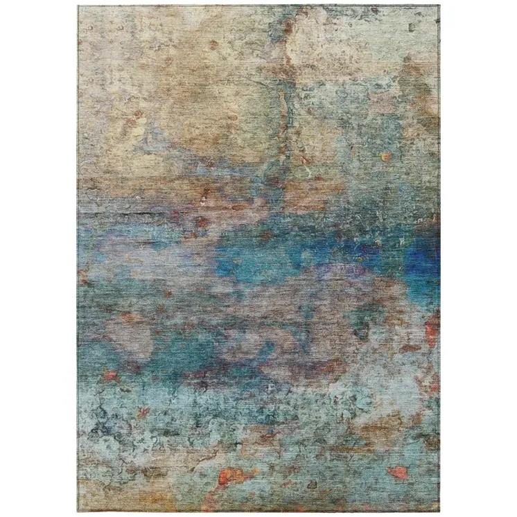 8' X 10' Teal Blue Orange And Beige Abstract Washable Indoor Outdoor Area Rug