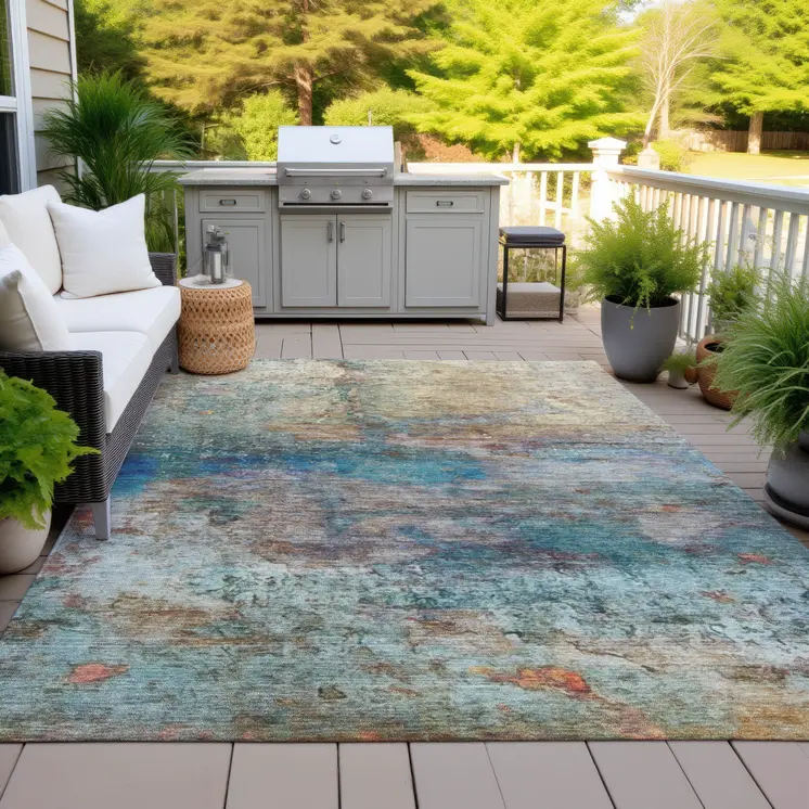 9' X 12' Teal Blue Orange And Beige Abstract Washable Indoor Outdoor Area Rug