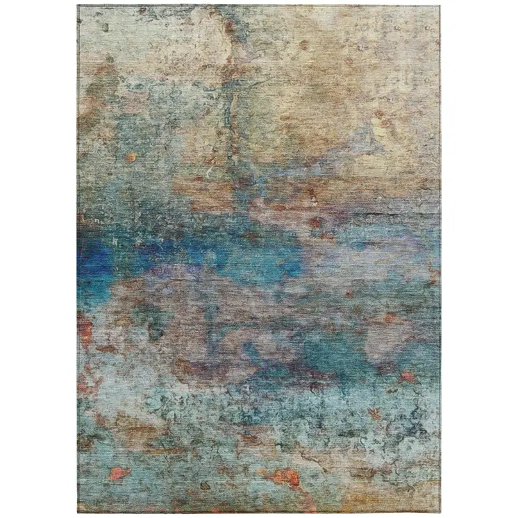 9' X 12' Teal Blue Orange And Beige Abstract Washable Indoor Outdoor Area Rug