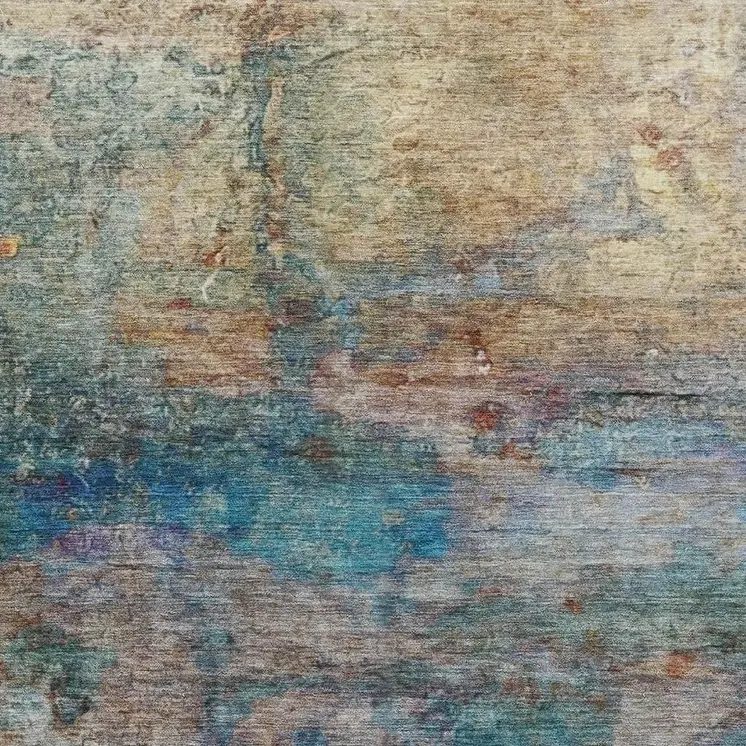 9' X 12' Teal Blue Orange And Beige Abstract Washable Indoor Outdoor Area Rug