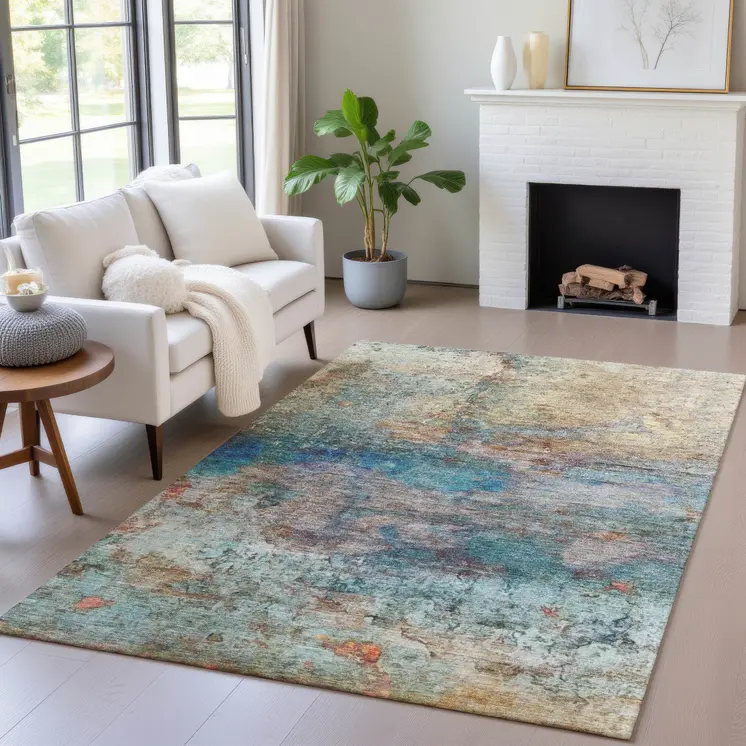 9' X 12' Teal Blue Orange And Beige Abstract Washable Indoor Outdoor Area Rug