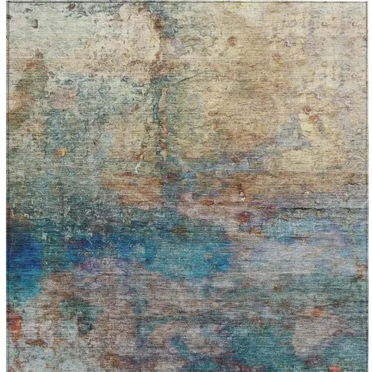 10' X 14' Teal Blue Orange And Beige Abstract Washable Indoor Outdoor Area Rug