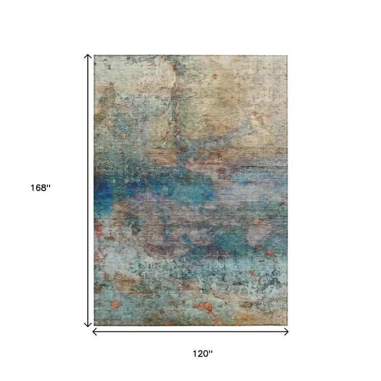 10' X 14' Teal Blue Orange And Beige Abstract Washable Indoor Outdoor Area Rug