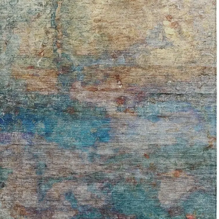 10' X 14' Teal Blue Orange And Beige Abstract Washable Indoor Outdoor Area Rug