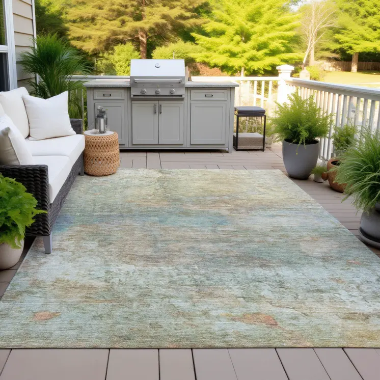 3' X 5' Wheat Sky Blue And Beige Abstract Washable Indoor Outdoor Area Rug