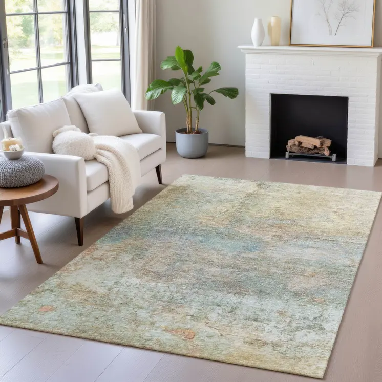 3' X 5' Wheat Sky Blue And Beige Abstract Washable Indoor Outdoor Area Rug