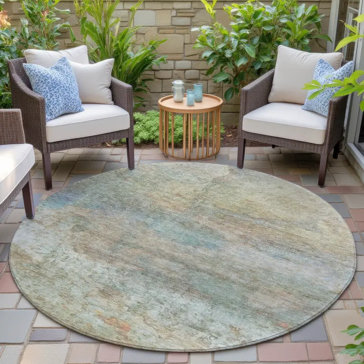 8' Wheat Sky Blue And Beige Round Abstract Washable Indoor Outdoor Area Rug