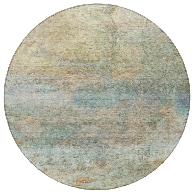 8' Wheat Sky Blue And Beige Round Abstract Washable Indoor Outdoor Area Rug