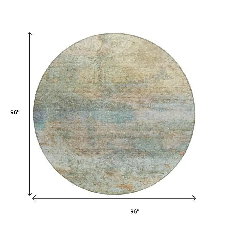 8' Wheat Sky Blue And Beige Round Abstract Washable Indoor Outdoor Area Rug