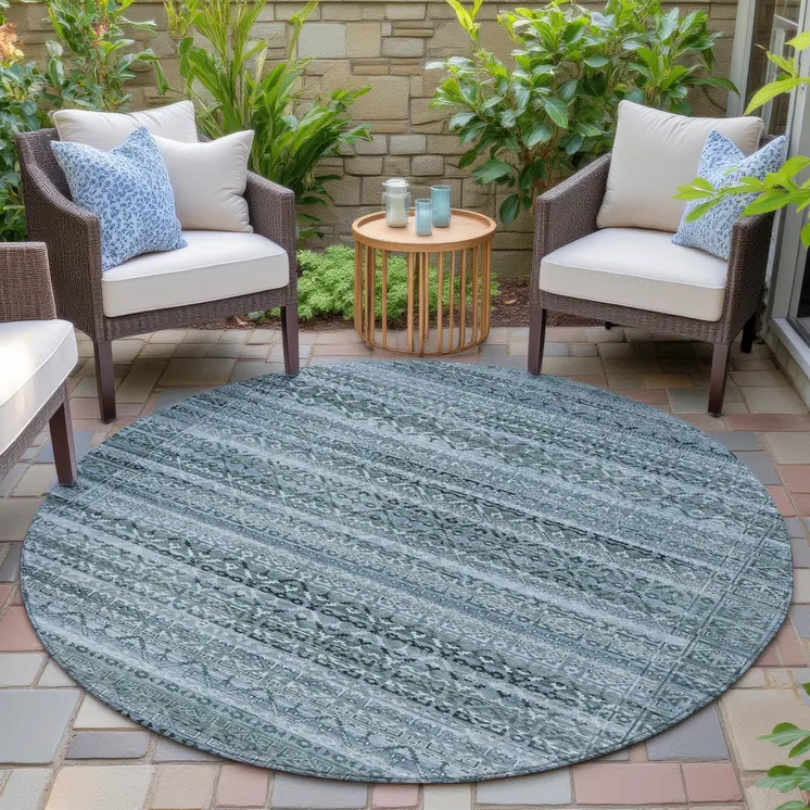 8' Artichoke Green And Blue Round Striped Washable Indoor Outdoor Area Rug