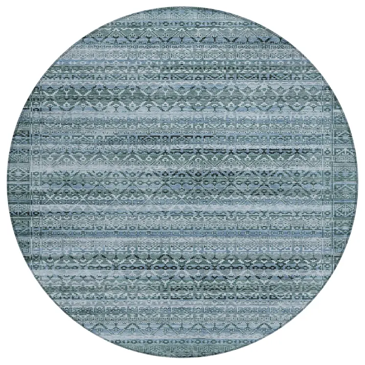 8' Artichoke Green And Blue Round Striped Washable Indoor Outdoor Area Rug