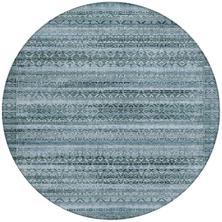 8' Artichoke Green And Blue Round Striped Washable Indoor Outdoor Area Rug
