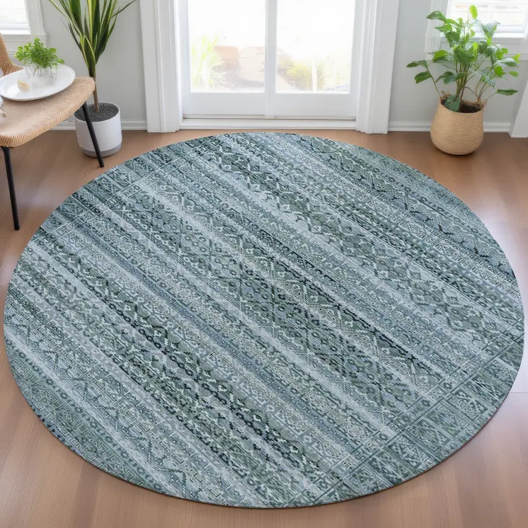 8' Artichoke Green And Blue Round Striped Washable Indoor Outdoor Area Rug