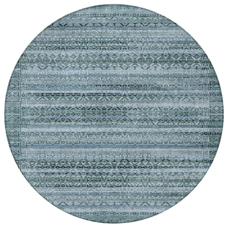 8' Artichoke Green And Blue Round Striped Washable Indoor Outdoor Area Rug