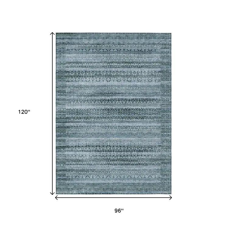 8' X 10' Artichoke Green And Blue Striped Washable Indoor Outdoor Area Rug