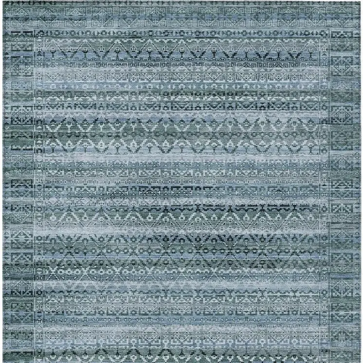 9' X 12' Artichoke Green And Blue Striped Washable Indoor Outdoor Area Rug