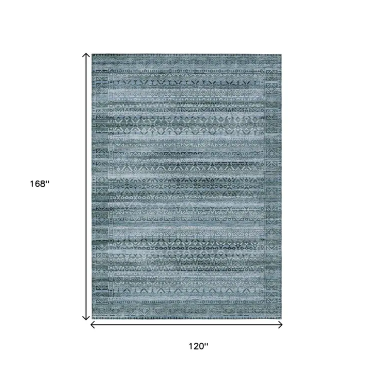 10' X 14' Artichoke Green And Blue Striped Washable Indoor Outdoor Area Rug