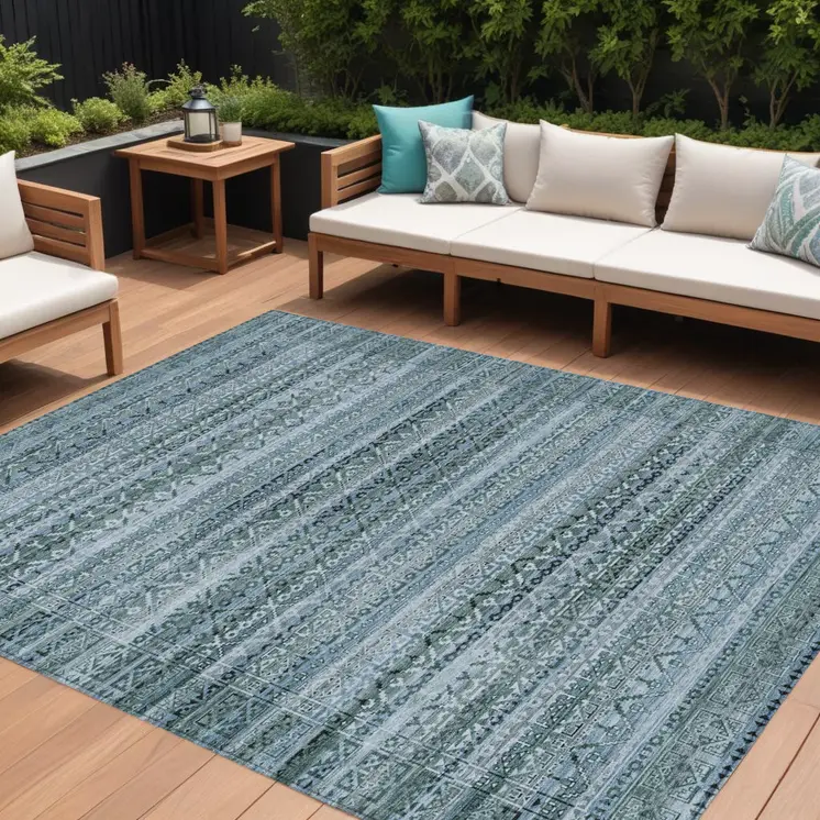 10' X 14' Artichoke Green And Blue Striped Washable Indoor Outdoor Area Rug
