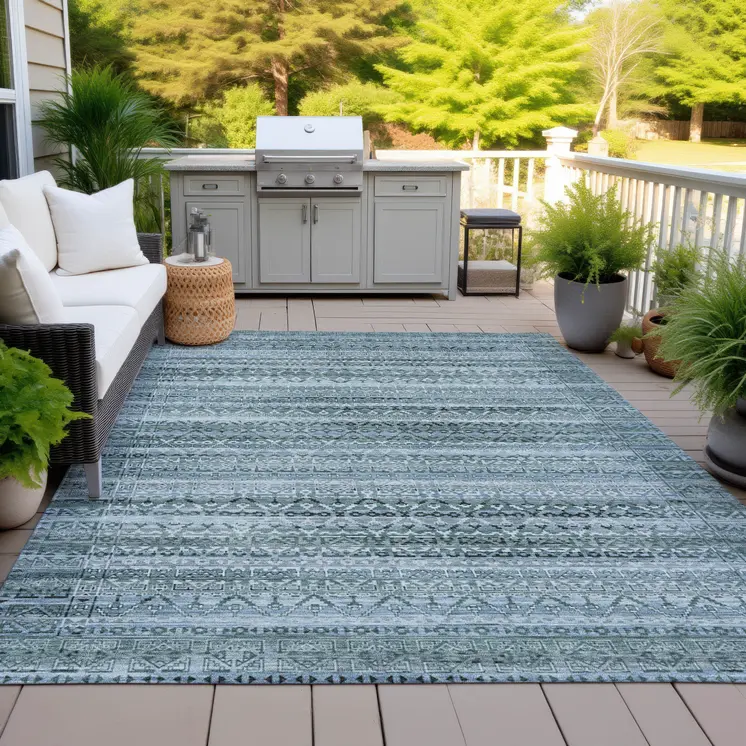 10' X 14' Artichoke Green And Blue Striped Washable Indoor Outdoor Area Rug