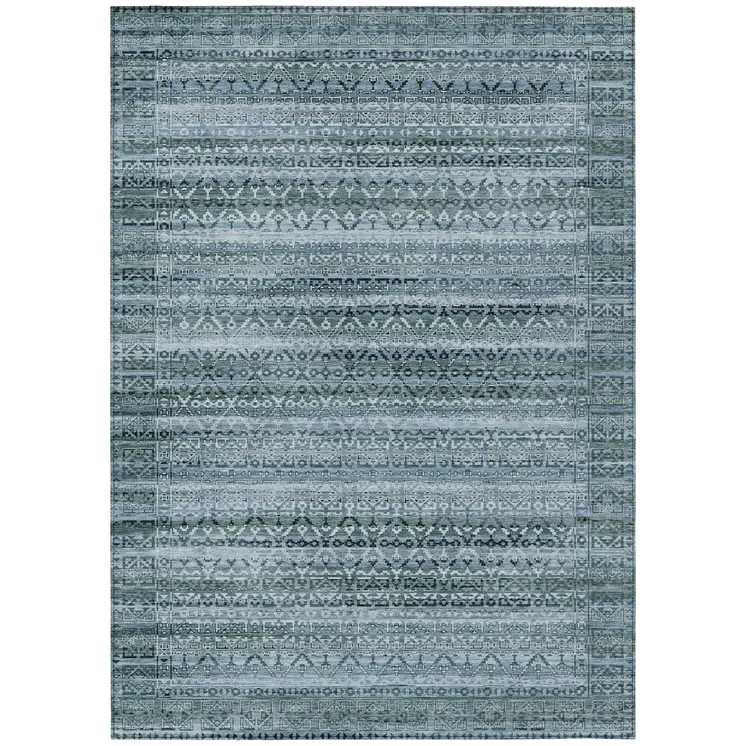 10' X 14' Artichoke Green And Blue Striped Washable Indoor Outdoor Area Rug