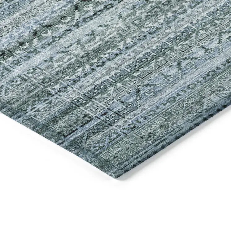 10' X 14' Artichoke Green And Blue Striped Washable Indoor Outdoor Area Rug