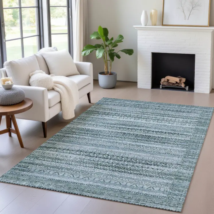 10' X 14' Artichoke Green And Blue Striped Washable Indoor Outdoor Area Rug
