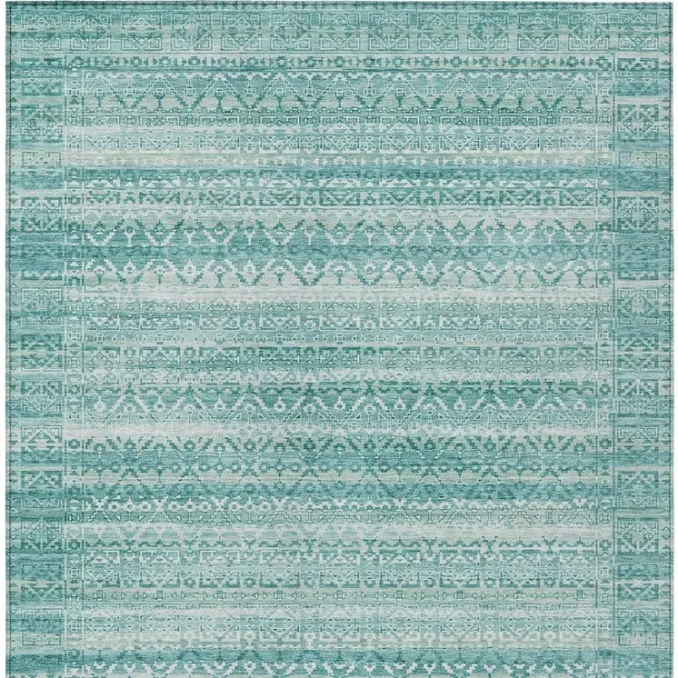 5' X 8' Aqua And Ivory Striped Washable Indoor Outdoor Area Rug