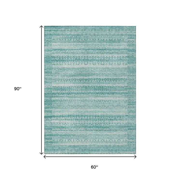 5' X 8' Aqua And Ivory Striped Washable Indoor Outdoor Area Rug
