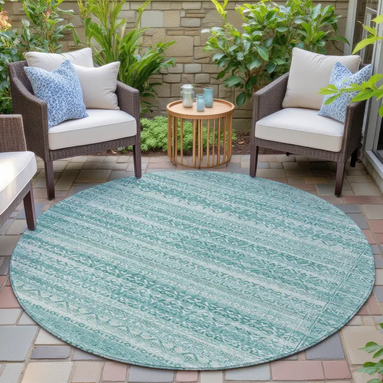 8' Aqua And Ivory Round Striped Washable Indoor Outdoor Area Rug