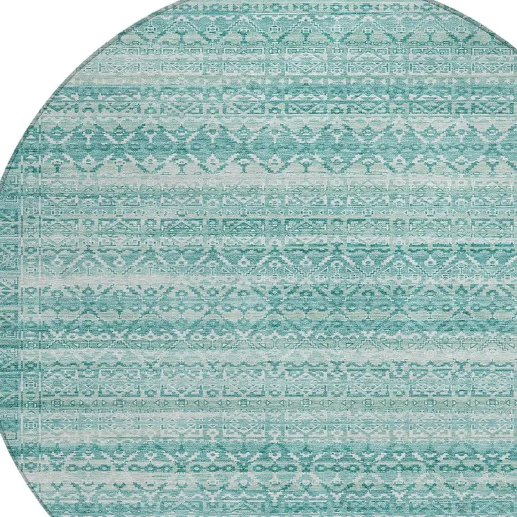 8' Aqua And Ivory Round Striped Washable Indoor Outdoor Area Rug