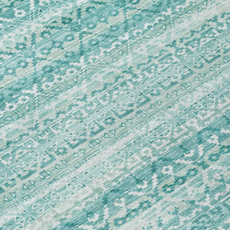 8' Aqua And Ivory Round Striped Washable Indoor Outdoor Area Rug
