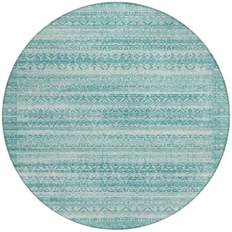 8' Aqua And Ivory Round Striped Washable Indoor Outdoor Area Rug