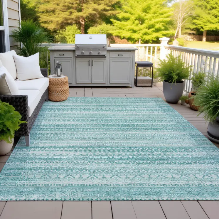 9' X 12' Aqua And Ivory Striped Washable Indoor Outdoor Area Rug