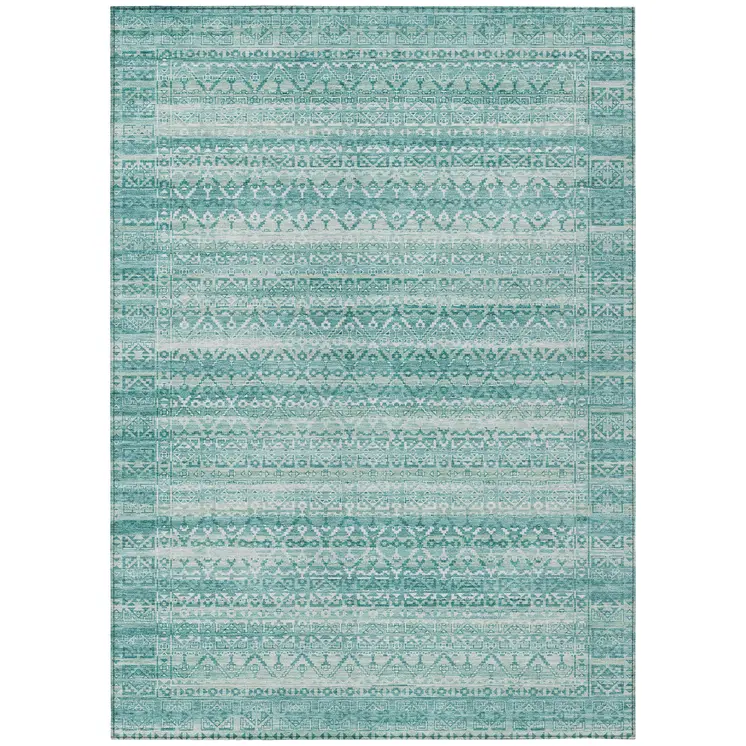 9' X 12' Aqua And Ivory Striped Washable Indoor Outdoor Area Rug