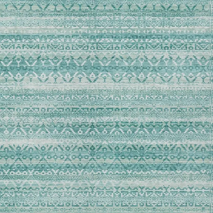 9' X 12' Aqua And Ivory Striped Washable Indoor Outdoor Area Rug