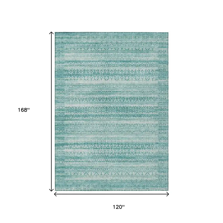 10' X 14' Aqua And Ivory Striped Washable Indoor Outdoor Area Rug