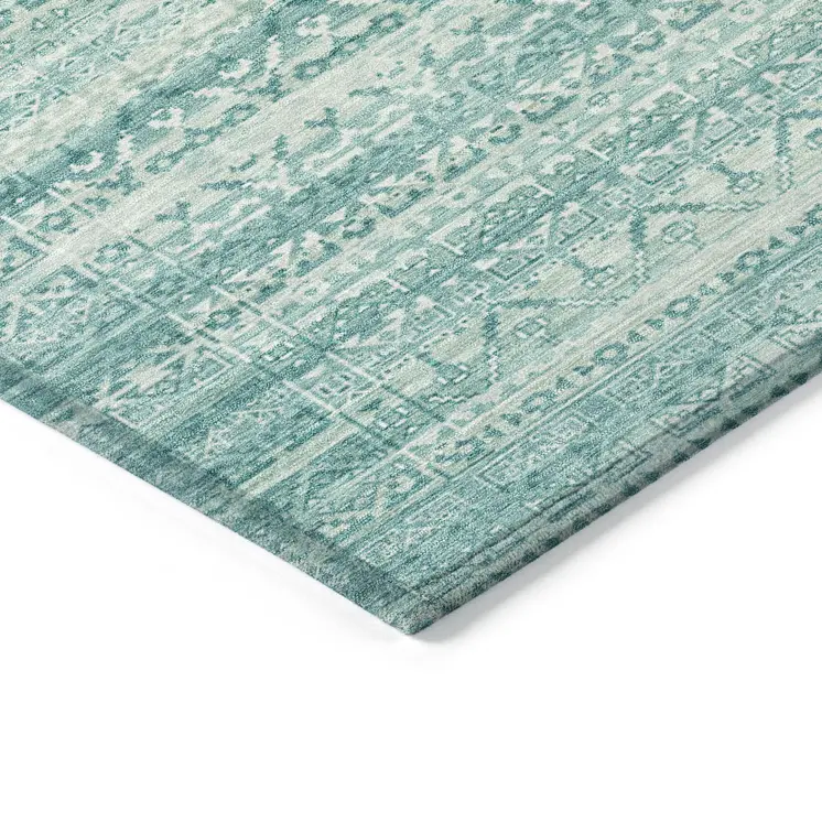 10' X 14' Aqua And Ivory Striped Washable Indoor Outdoor Area Rug