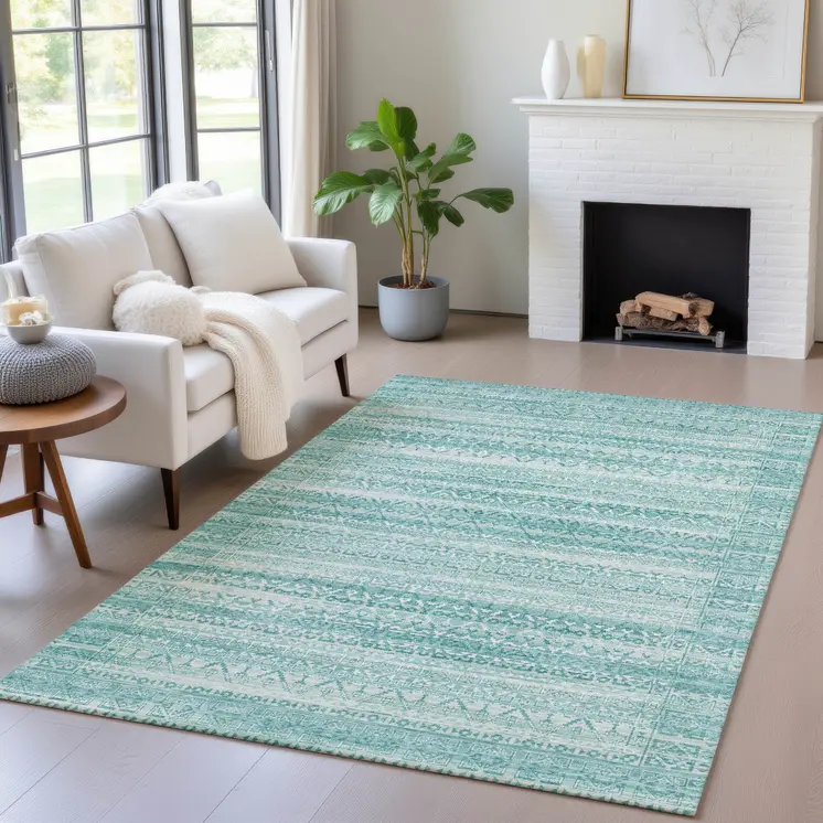 10' X 14' Aqua And Ivory Striped Washable Indoor Outdoor Area Rug