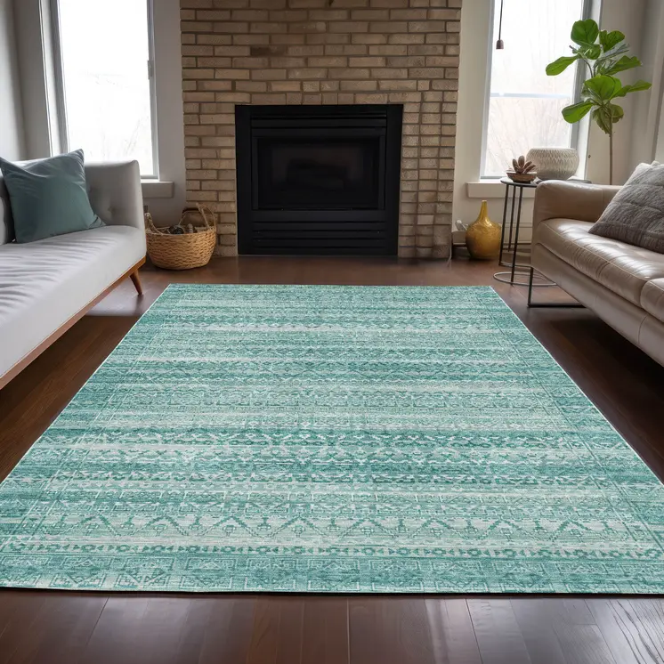 10' X 14' Aqua And Ivory Striped Washable Indoor Outdoor Area Rug