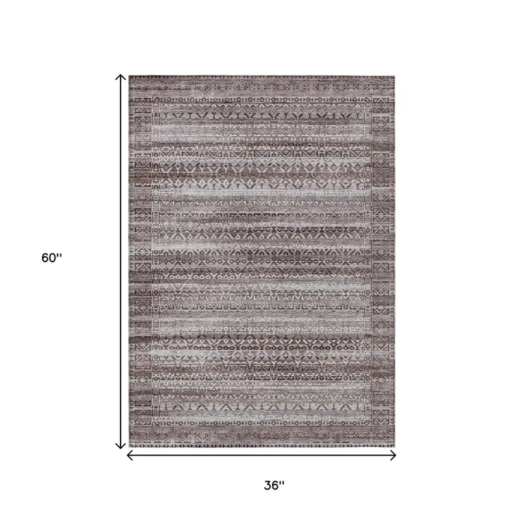3' X 5' Brown And Beige Striped Washable Indoor Outdoor Area Rug