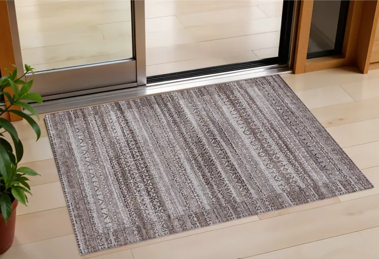 3' X 5' Brown And Beige Striped Washable Indoor Outdoor Area Rug