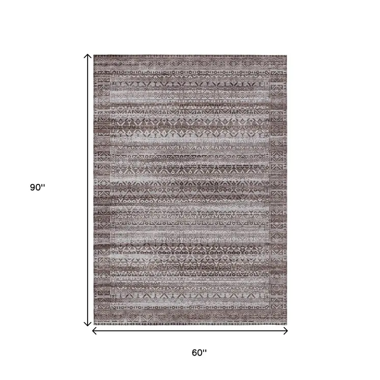 5' X 8' Brown And Beige Striped Washable Indoor Outdoor Area Rug